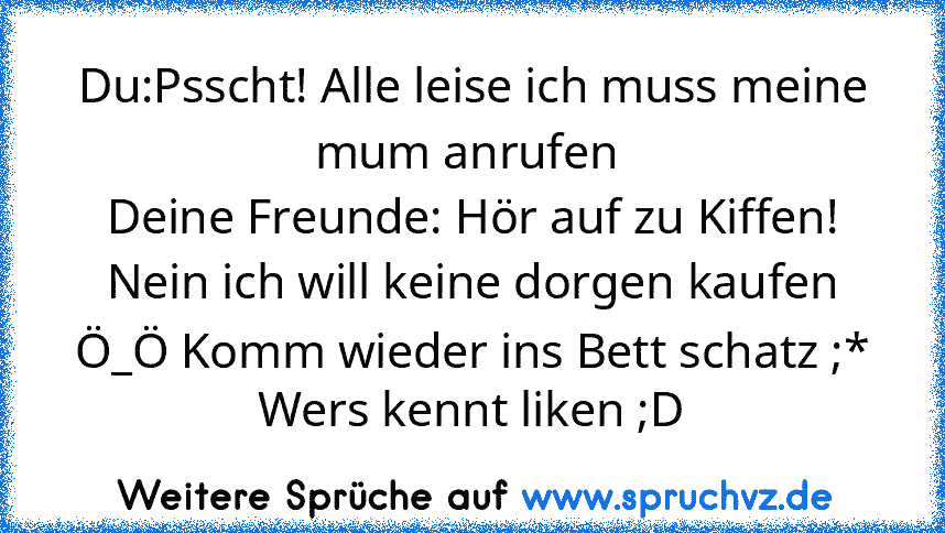 Du:Psscht! Alle leise ich muss meine mum anrufen 
Deine Freunde: Hör auf zu Kiffen! Nein ich will keine dorgen kaufen Ö_Ö Komm wieder ins Bett schatz ;*
Wers kennt liken ;D