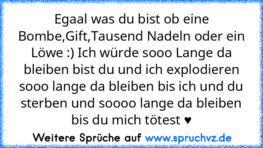 Egaal was du bist ob eine Bombe,Gift,Tausend Nadeln oder ein Löwe :) Ich würde sooo Lange da bleiben bist du und ich explodieren sooo lange da bleiben bis ich und du sterben und soooo lange da bleiben bis du mich tötest ♥