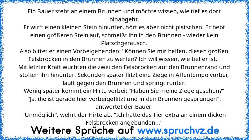 Ein Bauer steht an einem Brunnen und möchte wissen, wie tief es dort hinabgeht.
Er wirft einen kleinen Stein hinunter, hört es aber nicht platschen. Er hebt einen größeren Stein auf, schmeißt ihn in den Brunnen - wieder kein Platschgeräusch.
Also bittet er einen Vorbeigehenden: "Können Sie mir helfen, diesen großen Felsbrocken in den Brunnen zu werfen? Ich will wissen, wie tief er ist."
Mit let...