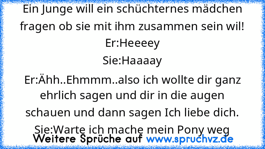 Ein Junge will ein schüchternes mädchen fragen ob sie mit ihm zusammen sein wil!
Er:Heeeey
Sie:Haaaay
Er:Ähh..Ehmmm..also ich wollte dir ganz ehrlich sagen und dir in die augen schauen und dann sagen Ich liebe dich.
Sie:Warte ich mache mein Pony weg