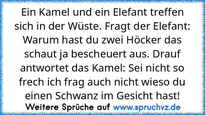 Ein Kamel und ein Elefant treffen sich in der Wüste. Fragt der Elefant: Warum hast du zwei Höcker das schaut ja bescheuert aus. Drauf antwortet das Kamel: Sei nicht so frech ich frag auch nicht wieso du einen Schwanz im Gesicht hast!