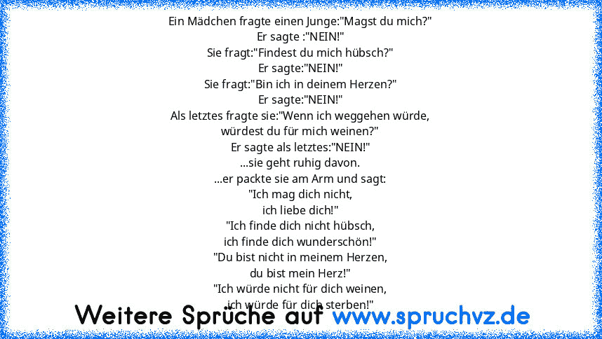 Ein Mädchen fragte einen Junge:"Magst du mich?"
Er sagte :"NEIN!"
Sie fragt:"Findest du mich hübsch?"
Er sagte:"NEIN!"
Sie fragt:"Bin ich in deinem Herzen?"
Er sagte:"NEIN!"
Als letztes fragte sie:"Wenn ich weggehen würde,
würdest du für mich weinen?"
Er sagte als letztes:"NEIN!"
...sie geht ruhig davon.
...er packte sie am Arm und sagt:
"Ich mag dich nicht,
ich liebe dich!"
"Ich finde dich nicht ...