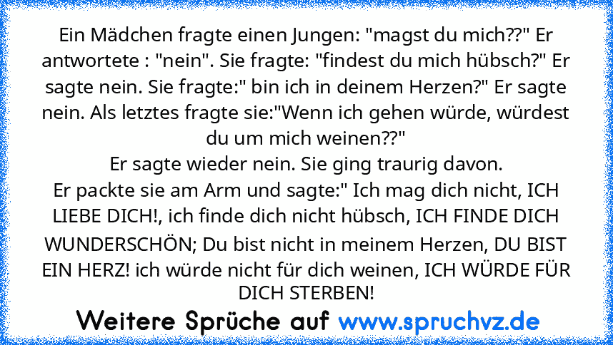 Ein Mädchen fragte einen Jungen: "magst du mich??" Er antwortete : "nein". Sie fragte: "findest du mich hübsch?" Er sagte nein. Sie fragte:" bin ich in deinem Herzen?" Er sagte nein. Als letztes fragte sie:"Wenn ich gehen würde, würdest du um mich weinen??"
Er sagte wieder nein. Sie ging traurig davon.
Er packte sie am Arm und sagte:" Ich mag dich nicht, ICH LIEBE DICH!, ich finde dich nicht hü...