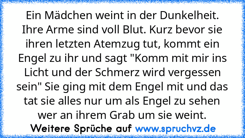 Ein Mädchen weint in der Dunkelheit. Ihre Arme sind voll Blut. Kurz bevor sie ihren letzten Atemzug tut, kommt ein Engel zu ihr und sagt "Komm mit mir ins Licht und der Schmerz wird vergessen sein" Sie ging mit dem Engel mit und das tat sie alles nur um als Engel zu sehen wer an ihrem Grab um sie weint.