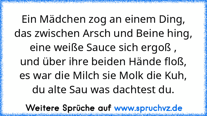 Ein Mädchen zog an einem Ding,
das zwischen Arsch und Beine hing,
eine weiße Sauce sich ergoß ,
und über ihre beiden Hände floß,
es war die Milch sie Molk die Kuh,
du alte Sau was dachtest du.