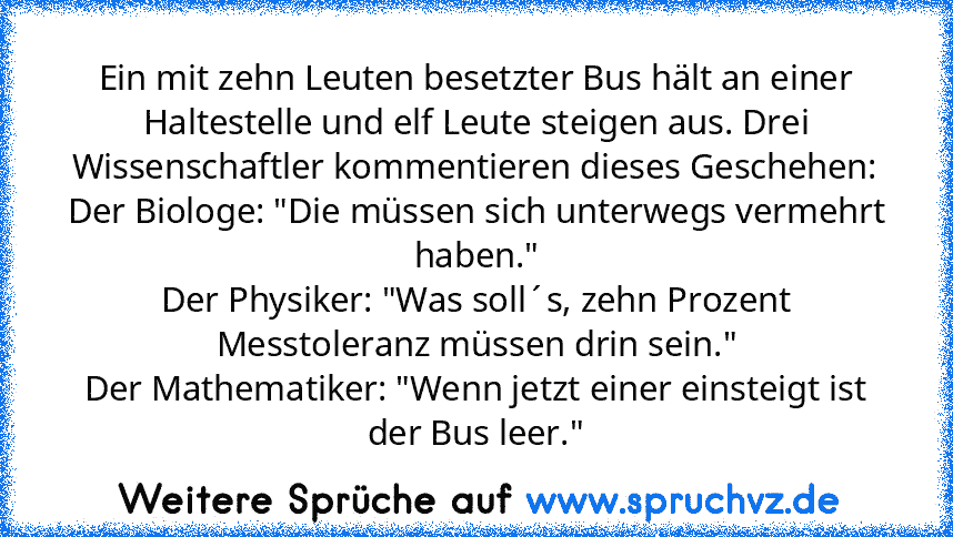 Ein mit zehn Leuten besetzter Bus hält an einer Haltestelle und elf Leute steigen aus. Drei Wissenschaftler kommentieren dieses Geschehen:
Der Biologe: "Die müssen sich unterwegs vermehrt haben."
Der Physiker: "Was soll´s, zehn Prozent Messtoleranz müssen drin sein."
Der Mathematiker: "Wenn jetzt einer einsteigt ist der Bus leer."