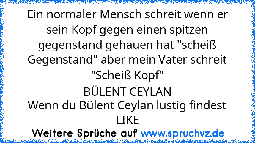 Ein normaler Mensch schreit wenn er sein Kopf gegen einen spitzen gegenstand gehauen hat "scheiß Gegenstand" aber mein Vater schreit "Scheiß Kopf"
BÜLENT CEYLAN
Wenn du Bülent Ceylan lustig findest LIKE