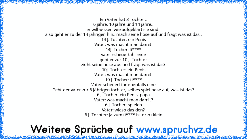 Ein Vater hat 3 Töchter..
6 jahre, 10 jahre und 14 jahre..
er will wissen wie aufgeklärt sie sind..
also geht er zu der 14 jährigen hin.. mach seine hose auf und fragt was ist das..
14 J. Tochter: ein Penis
Vater: was macht man damit.
14J. Tocher: fi****
vater scheuert ihr eine
geht er zur 10 J. Tochter
zieht seine hose aus und frägt was ist das?
10J. Tochter: ein Penis
Vater: was macht man dam...