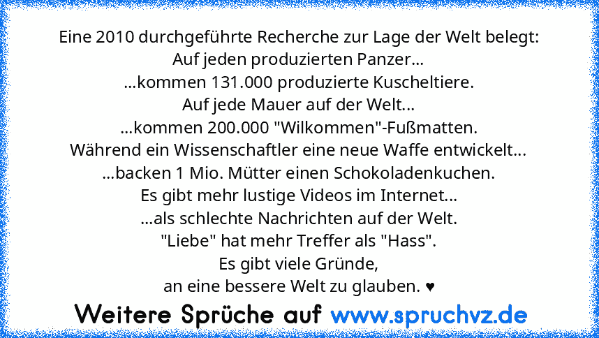 Eine 2010 durchgeführte Recherche zur Lage der Welt belegt:
Auf jeden produzierten Panzer...
...kommen 131.000 produzierte Kuscheltiere.
Auf jede Mauer auf der Welt...
...kommen 200.000 "Wilkommen"-Fußmatten.
Während ein Wissenschaftler eine neue Waffe entwickelt...
...backen 1 Mio. Mütter einen Schokoladenkuchen.
Es gibt mehr lustige Videos im Internet...
...als schlechte Nachrichten auf der Welt...