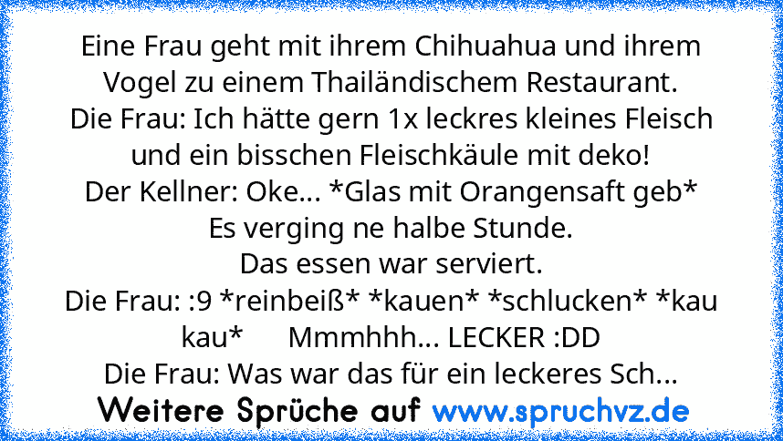 Eine Frau geht mit ihrem Chihuahua und ihrem Vogel zu einem Thailändischem Restaurant.
Die Frau: Ich hätte gern 1x leckres kleines Fleisch und ein bisschen Fleischkäule mit deko!
Der Kellner: Oke... *Glas mit Orangensaft geb*
Es verging ne halbe Stunde.
Das essen war serviert.
Die Frau: :9 *reinbeiß* *kauen* *schlucken* *kau kau*      Mmmhhh... LECKER :DD
Die Frau: Was war das für ein leckeres ...