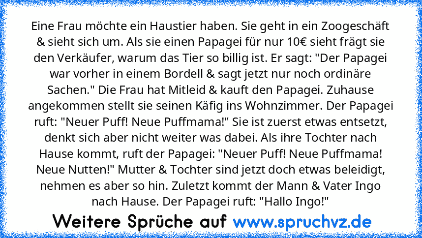 Eine Frau möchte ein Haustier haben. Sie geht in ein Zoogeschäft & sieht sich um. Als sie einen Papagei für nur 10€ sieht frägt sie den Verkäufer, warum das Tier so billig ist. Er sagt: "Der Papagei war vorher in einem Bordell & sagt jetzt nur noch ordinäre Sachen." Die Frau hat Mitleid & kauft den Papagei. Zuhause angekommen stellt sie seinen Käfig ins Wohnzimmer. Der Papagei ruft: "Neuer Puff...