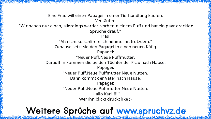 Eine Frau will einen Papagei in einer Tierhandlung kaufen.
Verkäufer:
 "Wir haben nur einen, allerdings warder  vorher in einem Puff und hat ein paar dreckige Sprüche drauf."
Frau:
"Ah nicht so schlimm ich nehme ihn trotzdem."
Zuhause setzt sie den Pagagei in einen neuen Käfig
Papagei:
"Neuer Puff.Neue Puffmutter.
Daraufhin kommen die beiden Töchter der Frau nach Hause.
Papagei:
"Neuer Puff.Neu...