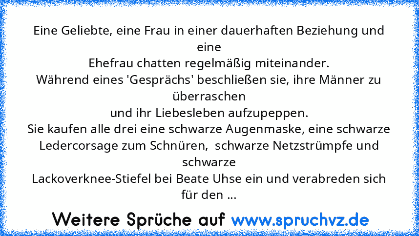 Eine Geliebte, eine Frau in einer dauerhaften Beziehung und eine
Ehefrau chatten regelmäßig miteinander.
Während eines 'Gesprächs' beschließen sie, ihre Männer zu überraschen
und ihr Liebesleben aufzupeppen.
Sie kaufen alle drei eine schwarze Augenmaske, eine schwarze
Ledercorsage zum Schnüren,  schwarze Netzstrümpfe und schwarze
Lackoverknee-Stiefel bei Beate Uhse ein und verabreden sich für d...