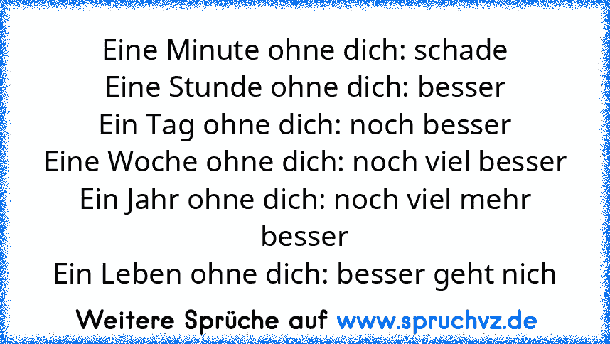 Eine Minute ohne dich: schade
Eine Stunde ohne dich: besser
Ein Tag ohne dich: noch besser
Eine Woche ohne dich: noch viel besser
Ein Jahr ohne dich: noch viel mehr besser
Ein Leben ohne dich: besser geht nich