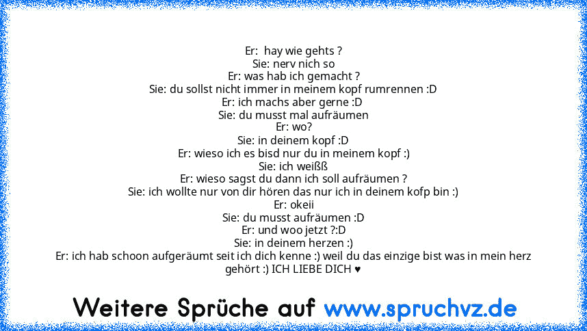 Er:  hay wie gehts ?
Sie: nerv nich so
Er: was hab ich gemacht ?
Sie: du sollst nicht immer in meinem kopf rumrennen :D
Er: ich machs aber gerne :D 
Sie: du musst mal aufräumen
Er: wo?
Sie: in deinem kopf :D
Er: wieso ich es bisd nur du in meinem kopf :)
Sie: ich weißß
Er: wieso sagst du dann ich soll aufräumen ?
Sie: ich wollte nur von dir hören das nur ich in deinem kofp bin :)
Er: okeii
Sie: du...