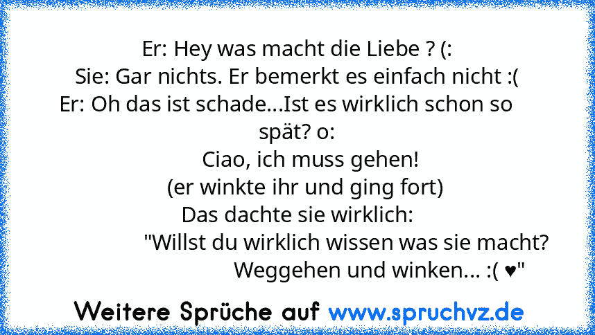 Er: Hey was macht die Liebe ? (:
Sie: Gar nichts. Er bemerkt es einfach nicht :(
Er: Oh das ist schade...Ist es wirklich schon so     spät? o:
     Ciao, ich muss gehen!
   (er winkte ihr und ging fort)
Das dachte sie wirklich:
                  "Willst du wirklich wissen was sie macht?
                              Weggehen und winken... :( ♥"