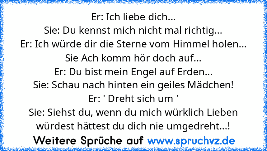 Er: Ich liebe dich...
Sie: Du kennst mich nicht mal richtig...
Er: Ich würde dir die Sterne vom Himmel holen...
Sie Ach komm hör doch auf...
Er: Du bist mein Engel auf Erden...
Sie: Schau nach hinten ein geiles Mädchen!
Er: ' Dreht sich um '
Sie: Siehst du, wenn du mich würklich Lieben würdest hättest du dich nie umgedreht...!