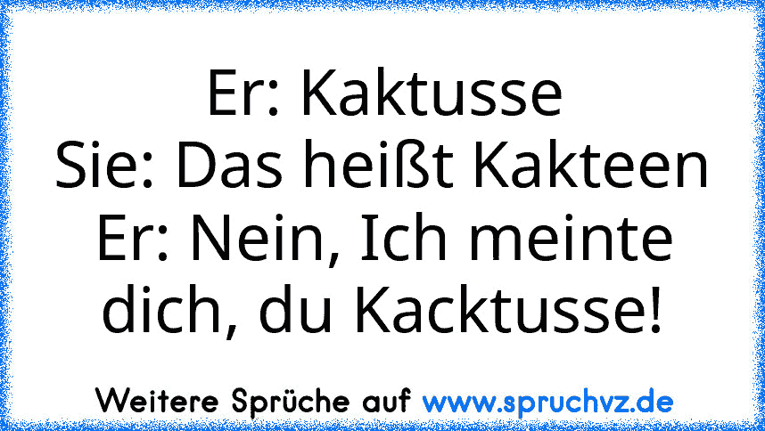 Er: Kaktusse
Sie: Das heißt Kakteen
Er: Nein, Ich meinte dich, du Kacktusse!