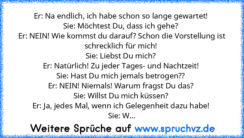 Er: Na endlich, ich habe schon so lange gewartet! 
Sie: Möchtest Du, dass ich gehe? 
Er: NEIN! Wie kommst du darauf? Schon die Vorstellung ist schrecklich für mich! 
Sie: Liebst Du mich? 
Er: Natürlich! Zu jeder Tages- und Nachtzeit! 
Sie: Hast Du mich jemals betrogen?? 
Er: NEIN! Niemals! Warum fragst Du das? 
Sie: Willst Du mich küssen? 
Er: Ja, jedes Mal, wenn ich Gelegenheit dazu habe! 
Sie: W...