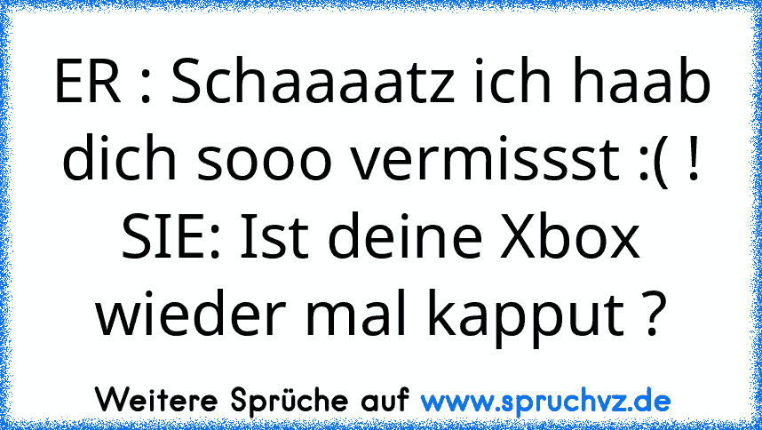 ER : Schaaaatz ich haab dich sooo vermissst :( !
SIE: Ist deine Xbox wieder mal kapput ?