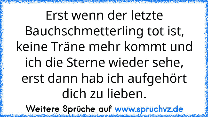 Erst wenn der letzte Bauchschmetterling tot ist,
keine Träne mehr kommt und ich die Sterne wieder sehe,
erst dann hab ich aufgehört dich zu lieben.