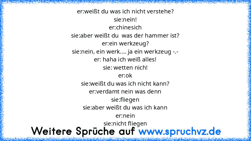 er:weißt du was ich nicht verstehe?
sie:nein!
er:chinesich
sie:aber weißt du  was der hammer ist?
er:ein werkzeug?
sie:nein, ein werk.... ja ein werkzeug -.-
er: haha ich weiß alles!
sie: wetten nich!
er:ok
sie:weißt du was ich nicht kann?
er:verdamt nein was denn
sie:fliegen
sie:aber weißt du was ich kann
er:nein
sie:nicht fliegen