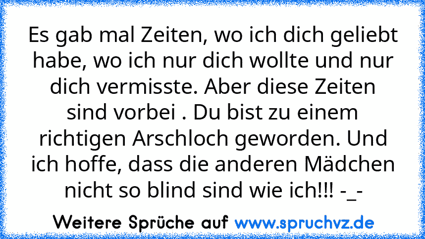 Es gab mal Zeiten, wo ich dich geliebt habe, wo ich nur dich wollte und nur dich vermisste. Aber diese Zeiten sind vorbei . Du bist zu einem richtigen Arschloch geworden. Und ich hoffe, dass die anderen Mädchen nicht so blind sind wie ich!!! -_-