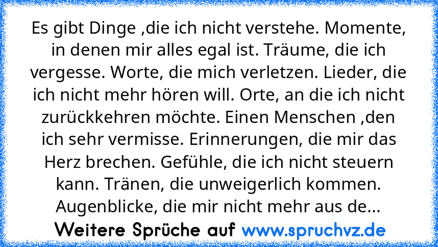 Es gibt Dinge ,die ich nicht verstehe. Momente, in denen mir alles egal ist. Träume, die ich vergesse. Worte, die mich verletzen. Lieder, die ich nicht mehr hören will. Orte, an die ich nicht zurückkehren möchte. Einen Menschen ,den ich sehr vermisse. Erinnerungen, die mir das Herz brechen. Gefühle, die ich nicht steuern kann. Tränen, die unweigerlich kommen. Augenblicke, die mir nicht mehr aus...