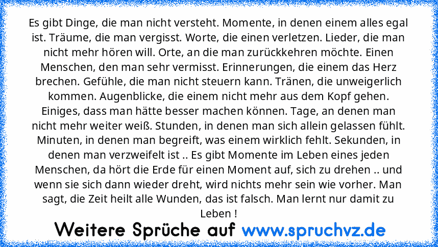 Es gibt Dinge, die man nicht versteht. Momente, in denen einem alles egal ist. Träume, die man vergisst. Worte, die einen verletzen. Lieder, die man nicht mehr hören will. Orte, an die man zurückkehren möchte. Einen Menschen, den man sehr vermisst. Erinnerungen, die einem das Herz brechen. Gefühle, die man nicht steuern kann. Tränen, die unweigerlich kommen. Augenblicke, die einem nicht mehr au...