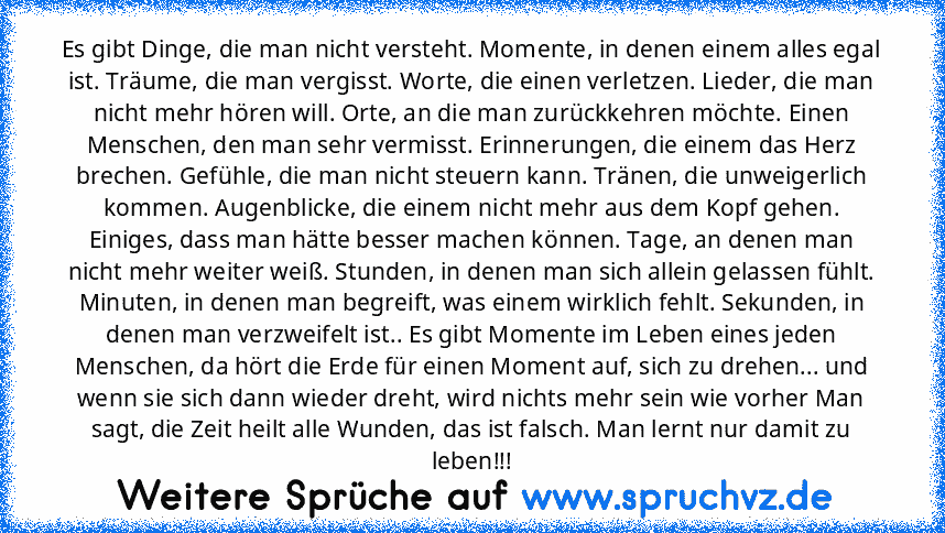 Es gibt Dinge, die man nicht versteht. Momente, in denen einem alles egal ist. Träume, die man vergisst. Worte, die einen verletzen. Lieder, die man nicht mehr hören will. Orte, an die man zurückkehren möchte. Einen Menschen, den man sehr vermisst. Erinnerungen, die einem das Herz brechen. Gefühle, die man nicht steuern kann. Tränen, die unweigerlich kommen. Augenblicke, die einem nicht mehr au...