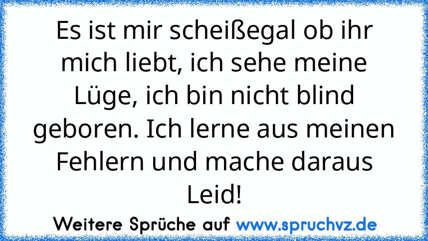 Es ist mir scheißegal ob ihr mich liebt, ich sehe meine Lüge, ich bin nicht blind geboren. Ich lerne aus meinen Fehlern und mache daraus Leid!