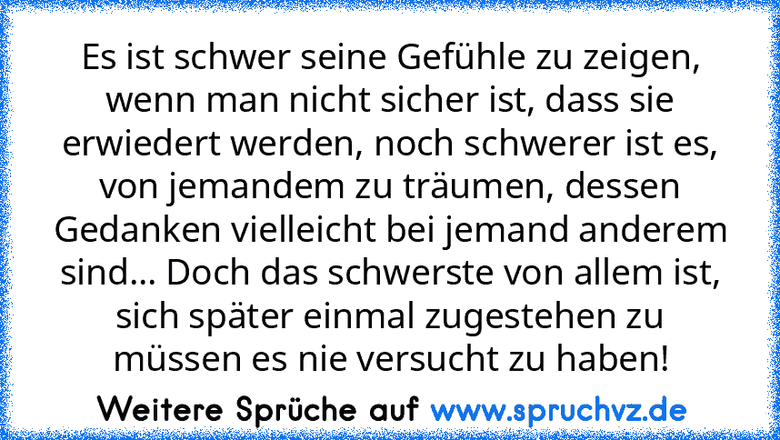 Es ist schwer seine Gefühle zu zeigen, wenn man nicht sicher ist, dass sie erwiedert werden, noch schwerer ist es, von jemandem zu träumen, dessen Gedanken vielleicht bei jemand anderem sind... Doch das schwerste von allem ist, sich später einmal zugestehen zu müssen es nie versucht zu haben!