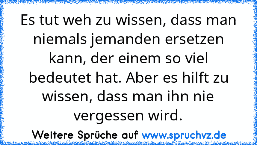 Es tut weh zu wissen, dass man niemals jemanden ersetzen kann, der einem so viel bedeutet hat. Aber es hilft zu wissen, dass man ihn nie vergessen wird.