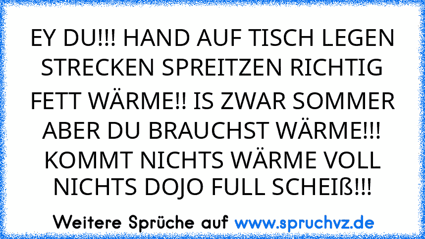 EY DU!!! HAND AUF TISCH LEGEN STRECKEN SPREITZEN RICHTIG FETT WÄRME!! IS ZWAR SOMMER ABER DU BRAUCHST WÄRME!!! KOMMT NICHTS WÄRME VOLL NICHTS DOJO FULL SCHEIß!!!