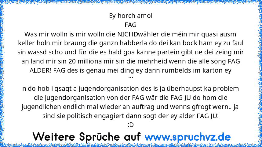 Ey horch amol
FAG
Was mir wolln is mir wolln die NICHDwähler die méin mir quasi ausm keller holn mir braung die ganzn habberla do dei kan bock ham ey zu faul sin wassd scho und für die es hald goa kanne partein gibt ne dei zeing mir an land mir sin 20 milliona mir sin die mehrheid wenn die alle song FAG ALDER! FAG des is genau mei ding ey dann rumbelds im karton ey
...
n do hob i gsagt a jugend...