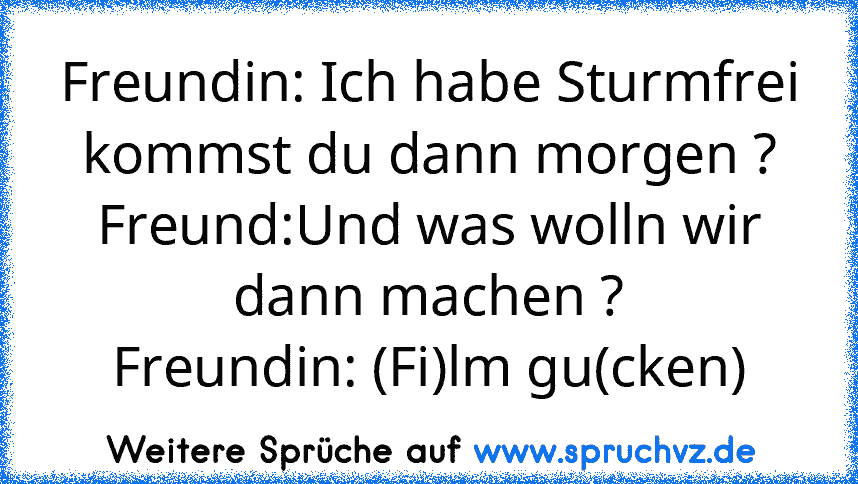 Freundin: Ich habe Sturmfrei kommst du dann morgen ?
Freund:Und was wolln wir dann machen ?
Freundin: (Fi)lm gu(cken)