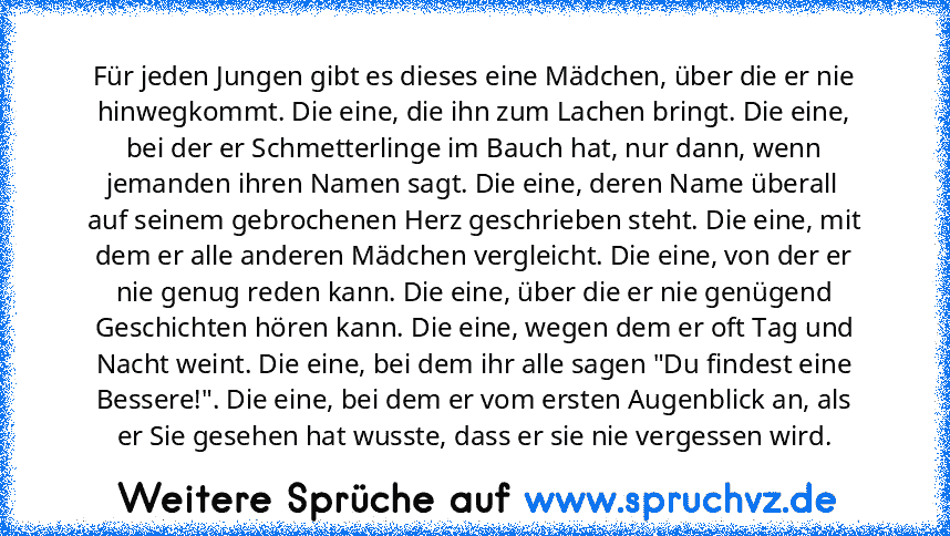 Für jeden Jungen gibt es dieses eine Mädchen, über die er nie hinwegkommt. Die eine, die ihn zum Lachen bringt. Die eine, bei der er Schmetterlinge im Bauch hat, nur dann, wenn jemanden ihren Namen sagt. Die eine, deren Name überall auf seinem gebrochenen Herz geschrieben steht. Die eine, mit dem er alle anderen Mädchen vergleicht. Die eine, von der er nie genug reden kann. Die eine, über die e...