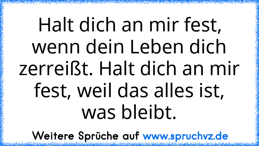 Halt dich an mir fest, wenn dein Leben dich zerreißt. Halt dich an mir fest, weil das alles ist, was bleibt.