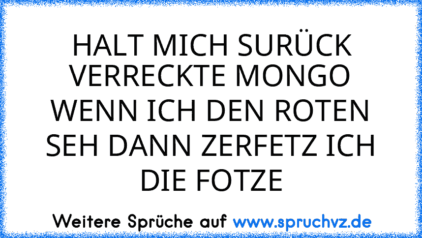 HALT MICH SURÜCK
VERRECKTE MONGO
WENN ICH DEN ROTEN SEH DANN ZERFETZ ICH DIE FOTZE