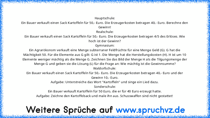 Hauptschule:
Ein Bauer verkauft einen Sack Kartoffeln für 50,- Euro. Die Erzeugerkosten betragen 40,- Euro. Berechne den Gewinn!
Realschule:
Ein Bauer verkauft einen Sack Kartoffeln für 50,- Euro. Die Erzeugerkosten betragen 4/5 des Erlöses. Wie hoch ist der Gewinn?
Gymnasium:
Ein Agrarökonom verkauft eine Menge subterraner Feldfrüchte für eine Menge Geld (G). G hat die Mächtigkeit 50. Für die ...