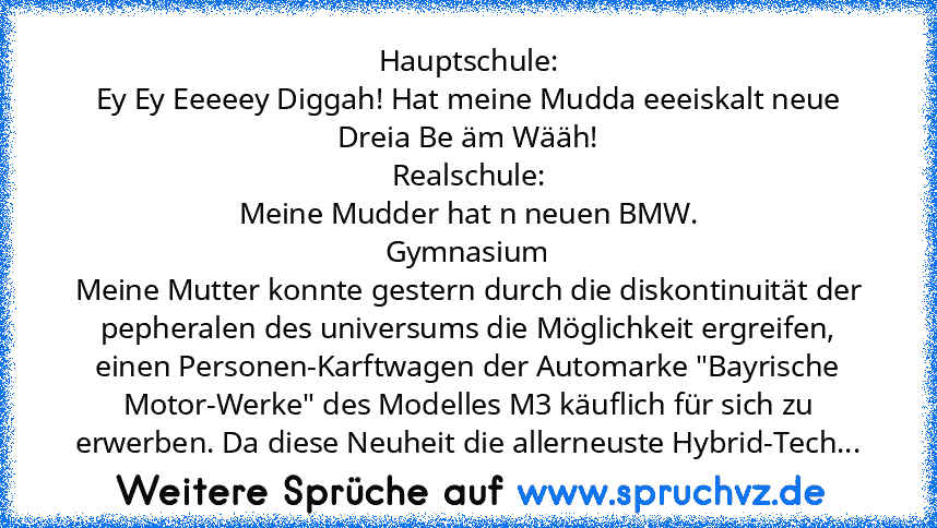 Hauptschule:
Ey Ey Eeeeey Diggah! Hat meine Mudda eeeiskalt neue Dreia Be äm Wääh!
Realschule:
Meine Mudder hat n neuen BMW.
Gymnasium
Meine Mutter konnte gestern durch die diskontinuität der pepheralen des universums die Möglichkeit ergreifen, einen Personen-Karftwagen der Automarke "Bayrische Motor-Werke" des Modelles M3 käuflich für sich zu erwerben. Da diese Neuheit die allerneuste Hybrid-T...