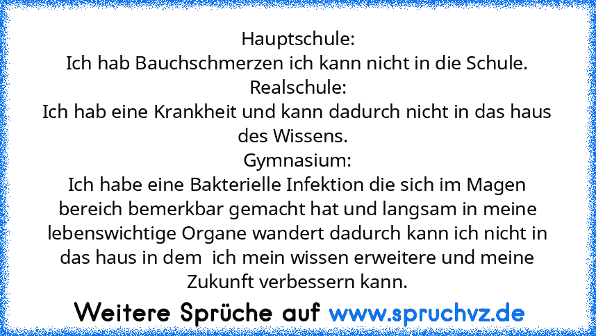 Hauptschule:
Ich hab Bauchschmerzen ich kann nicht in die Schule.
Realschule:
Ich hab eine Krankheit und kann dadurch nicht in das haus des Wissens.  
Gymnasium:
Ich habe eine Bakterielle Infektion die sich im Magen bereich bemerkbar gemacht hat und langsam in meine lebenswichtige Organe wandert dadurch kann ich nicht in das haus in dem  ich mein wissen erweitere und meine Zukunft verbessern kann.