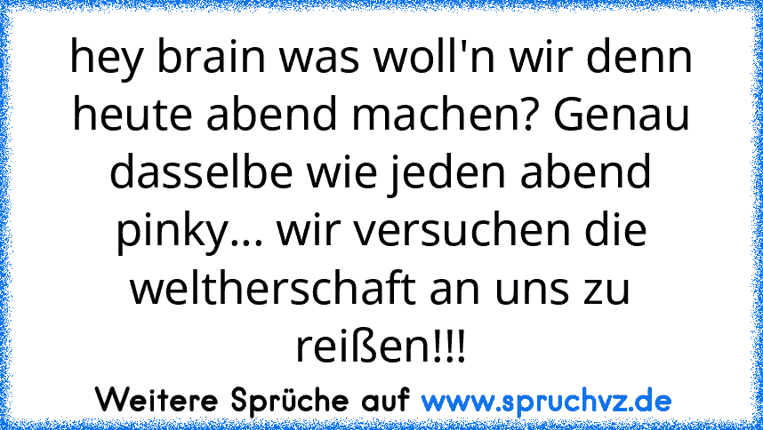 hey brain was woll'n wir denn heute abend machen? Genau dasselbe wie jeden abend pinky... wir versuchen die weltherschaft an uns zu reißen!!!