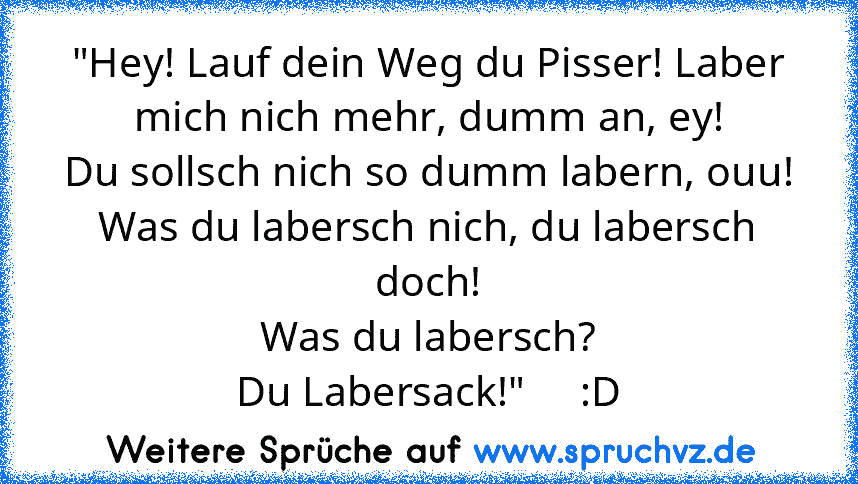 "Hey! Lauf dein Weg du Pisser! Laber mich nich mehr, dumm an, ey!
Du sollsch nich so dumm labern, ouu!
Was du labersch nich, du labersch doch!
Was du labersch?
Du Labersack!"     :D