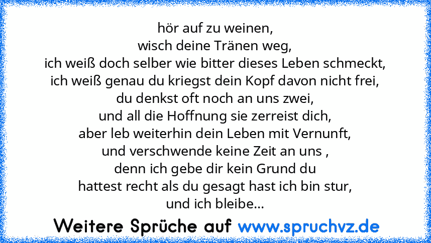 hör auf zu weinen,
wisch deine Tränen weg,
ich weiß doch selber wie bitter dieses Leben schmeckt,
ich weiß genau du kriegst dein Kopf davon nicht frei,
du denkst oft noch an uns zwei,
und all die Hoffnung sie zerreist dich,
aber leb weiterhin dein Leben mit Vernunft,
und verschwende keine Zeit an uns ,
denn ich gebe dir kein Grund du
hattest recht als du gesagt hast ich bin stur,
und ich bleibe au...