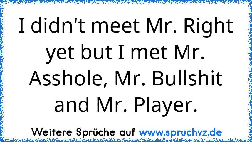 I didn't meet Mr. Right yet but I met Mr. Asshole, Mr. Bullshit and Mr. Player.