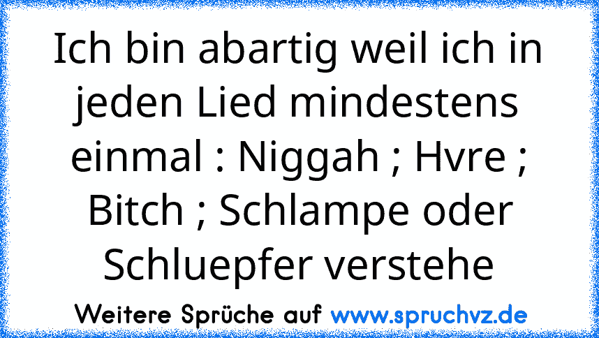 Ich bin abartig weil ich in jeden Lied mindestens einmal : Niggah ; Hvre ; Bitch ; Schlampe oder Schluepfer verstehe