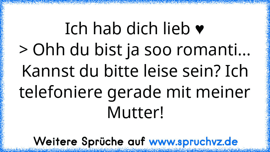 Ich hab dich lieb ♥
> Ohh du bist ja soo romanti...
Kannst du bitte leise sein? Ich telefoniere gerade mit meiner Mutter!