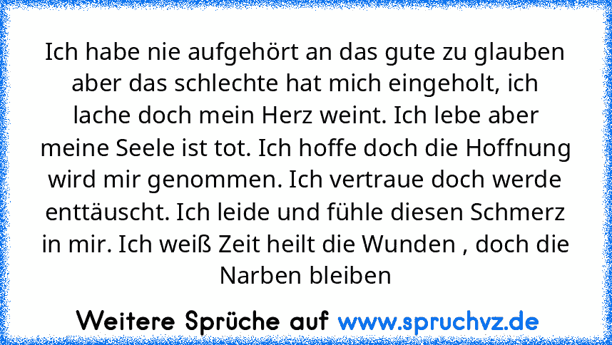 Ich habe nie aufgehört an das gute zu glauben aber das schlechte hat mich eingeholt, ich lache doch mein Herz weint. Ich lebe aber meine Seele ist tot. Ich hoffe doch die Hoffnung wird mir genommen. Ich vertraue doch werde enttäuscht. Ich leide und fühle diesen Schmerz in mir. Ich weiß Zeit heilt die Wunden , doch die Narben bleiben