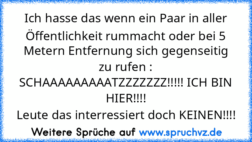 Ich hasse das wenn ein Paar in aller Öffentlichkeit rummacht oder bei 5 Metern Entfernung sich gegenseitig zu rufen : SCHAAAAAAAAATZZZZZZZ!!!!! ICH BIN HIER!!!!
Leute das interressiert doch KEINEN!!!!